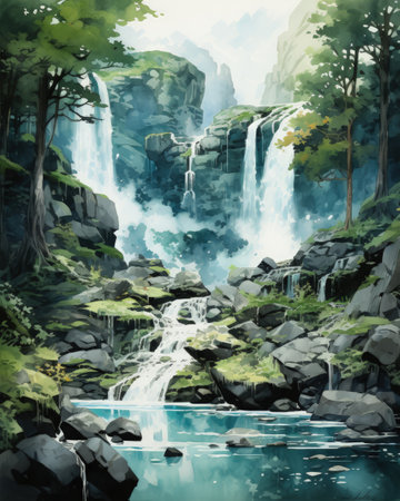 Waterfall in the forest. Watercolor painting. Vector illustration.の素材