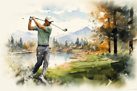 Golfer playing golf on a golf course. Digital watercolor paintingの素材