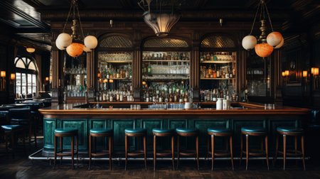 Vintage bar interior with bar counter and wooden chairs. Filtered imageの素材