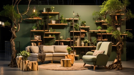 Interior of a modern living room with a green sofa and a bookcaseの素材