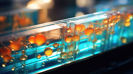 Chemical laboratory test-tubes with yellow liquid, closeupの素材