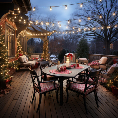 Beautiful Christmas dinner on the porch of a house decorated for Christmasの素材