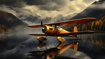 Wooden airplane on a lake with mountains in the background. 3d renderの素材