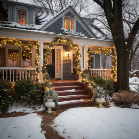 Beautiful decorated house with christmas lights and snow in winter.の素材