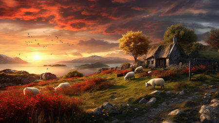 Fantasy landscape with sheeps and old farm house on the lakeの素材