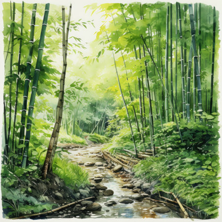 Bamboo forest and stream watercolor painting. Digital art painting.の素材