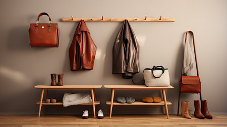 Wooden shelf with clothes and accessories in modern interior. 3d renderの素材