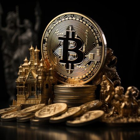 Bitcoin and real estate concept. Golden bitcoin on a black background.の素材