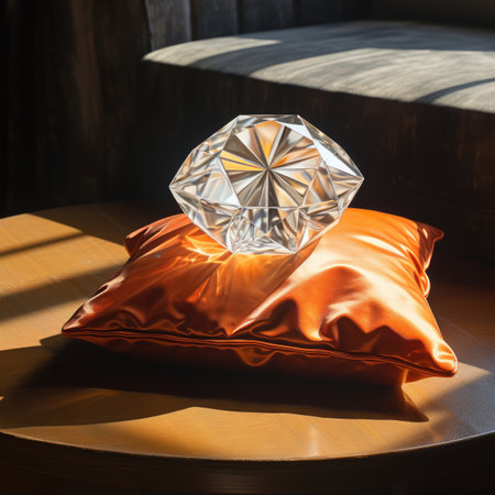Diamond on orange pillow on wooden chair in sunlight. Selective focus.の素材