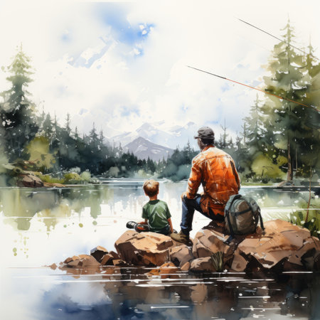 Back view of father and son fishing on a lake. Digital watercolor paintingの素材