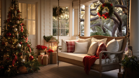 Christmas living room decorated with Christmas tree and presents. 3d renderingの素材