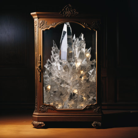 Frosted glass Christmas tree on a mirror in a dark roomの素材