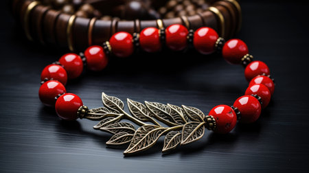 Bracelet with red beads on a black wooden background. Selective focus.の素材