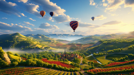 Hot air balloons over vineyards in the Tuscany, Italyの素材