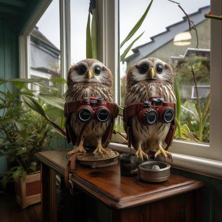 Pair of owls sitting on a table in front of a windowの素材