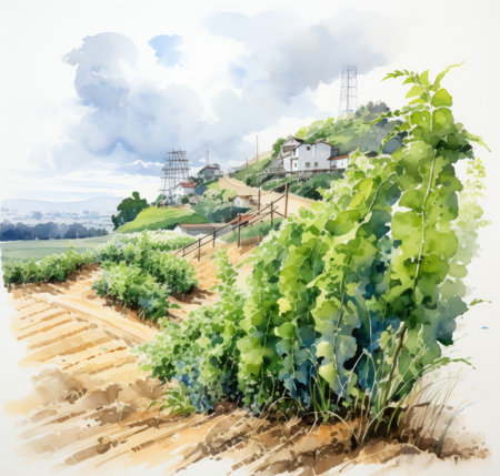 Watercolor painting of vineyard and village on a sunny day.の素材