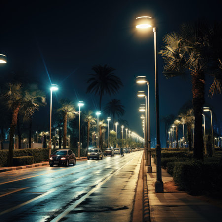 Night street lights with palm trees in the background, Dubai, United Arab Emiratesの素材
