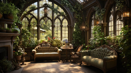 Interior of an old house with plants and furniture, 3d renderの素材