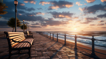 Wooden bench on the beach at sunrise. 3D Renderingの素材