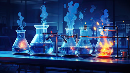 Laboratory glassware with fire and smoke. 3d rendering.の素材