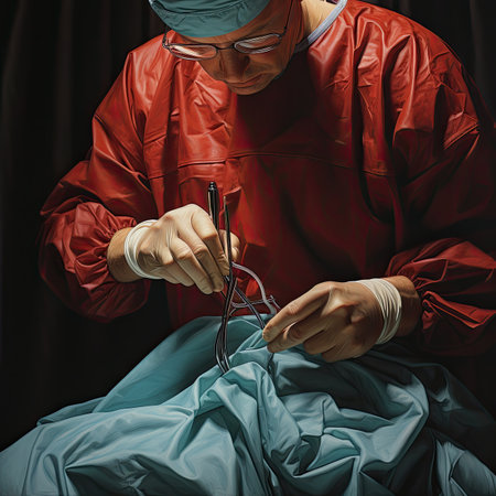 Surgeon holding a pair of surgical scissors in the operating room.の素材