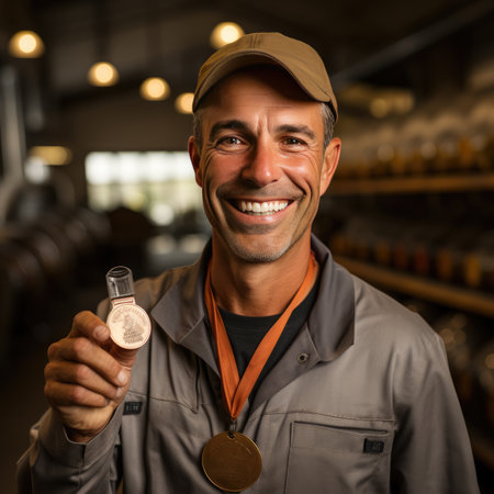 Portrait of a smiling worker holding a gold medal in a warehouseの素材
