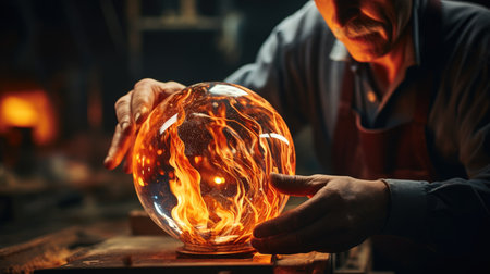 Experienced glassblower working with crystal ball in a glass workshopの素材