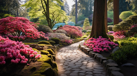 Rhododendron garden in spring time with stone walkwayの素材