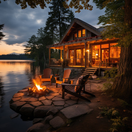 Beautiful lake in the evening with a wooden house on the shoreの素材