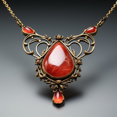 jewelry pendant with red gemstone on a dark backgroundの素材