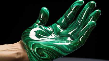 Hand with green paint on a black background. 3d rendering.の素材