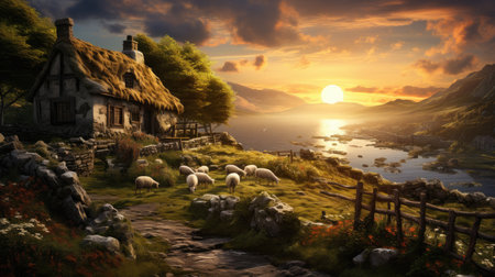 Fantasy landscape with a cottage and sheep at sunset. Digital paintingの素材