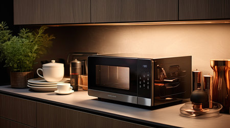 Microwave oven in modern kitchen interior. 3d rendering.の素材