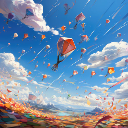 Kites flying in the blue sky. 3D illustration. Abstract background.の素材