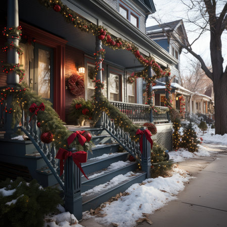 Christmas decorations on the porch of a house in Boston, Massachusetts.の素材