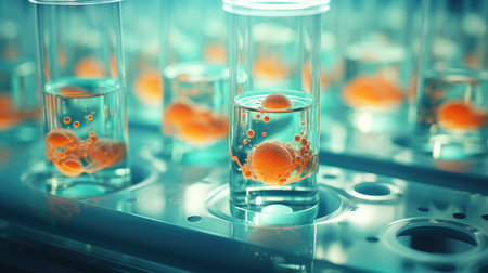 Science laboratory research and development concept with test tubes. 3D renderingの素材