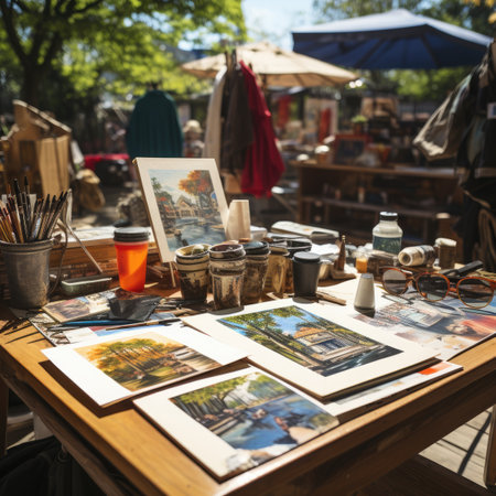 Artists are painting pictures on the table in a flea marketの素材
