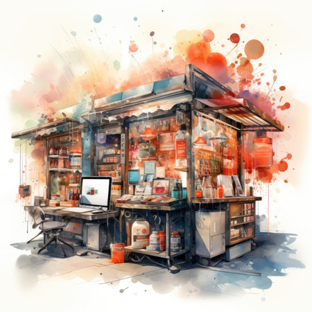 Digital watercolor painting of a small shop with a lot of foodの素材