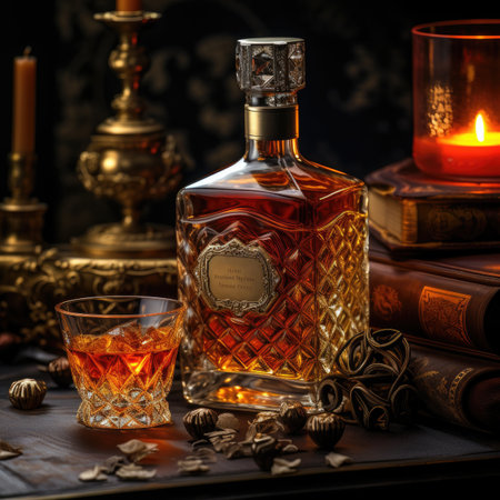 Glass of whiskey with old books and candlesticks on dark backgroundの素材