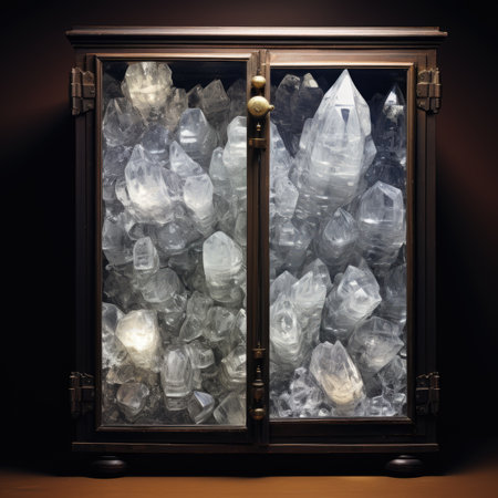A closeup shot of a crystal cabinet on a dark brown backgroundの素材
