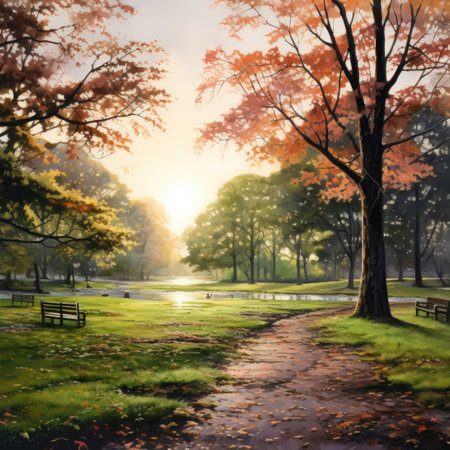 Sunset in the autumn park. Watercolor painting. Nature background.の素材