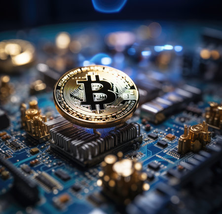 golden bitcoin on computer circuit board background. Cryptocurrency conceptの素材