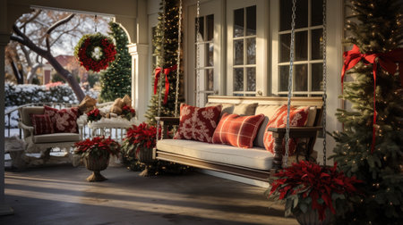 Beautiful Christmas decorations on the porch of the house. Christmas tree and giftsの素材
