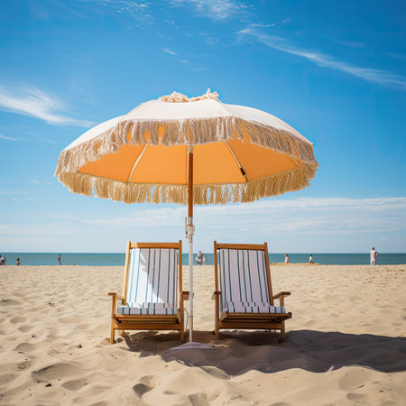 Two beach chairs and umbrella on the sandy beach. Vacation conceptの素材