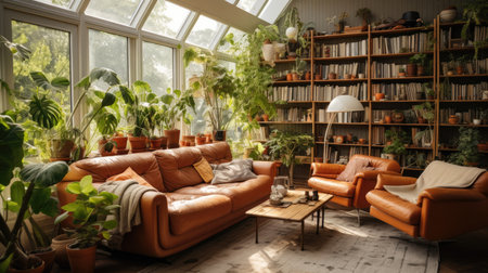 Cozy living room interior with brown leather sofa, coffee table, bookshelf and plantsの素材