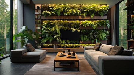 Interior of modern living room with green plants. 3d renderingの素材
