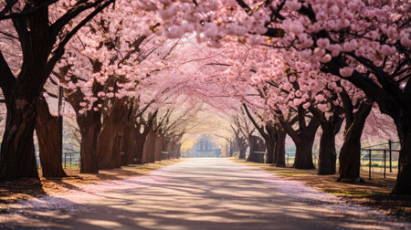 Cherry blossoms in full bloom along a country road in springの素材