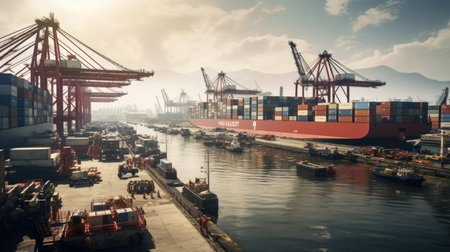 Container Cargo freight ship with working crane bridge in shipyard for Logistic Import Export background.の素材