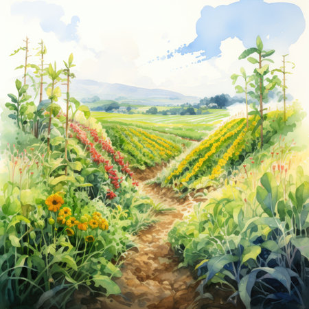 Beautiful landscape with sunflowers in the field. Digital paintingの素材
