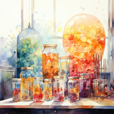 Watercolor painting of glass jars with marmalade on the tableの素材
